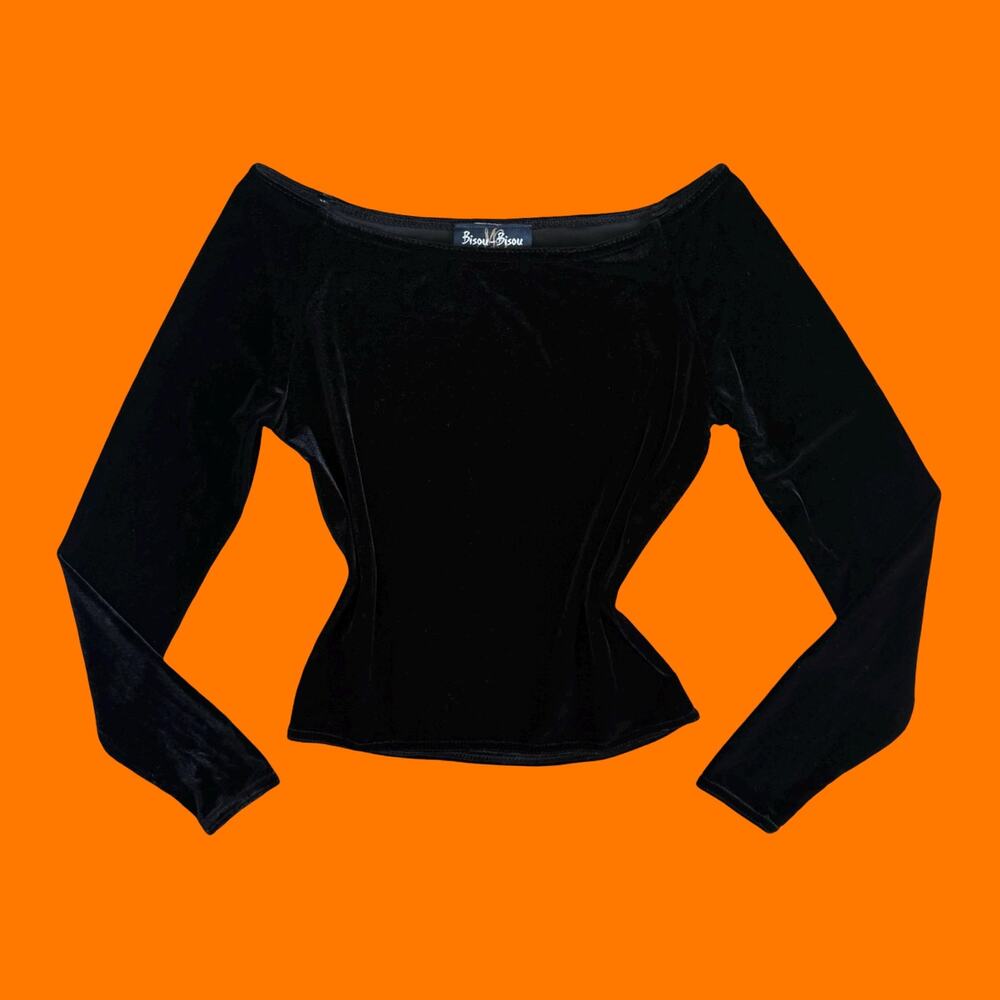 90's vintage black velvet off the shoulder minimalist long sleeve top SMALL